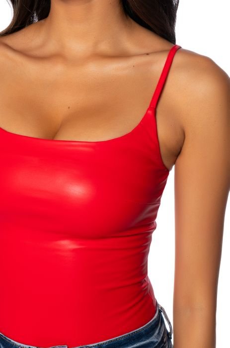 Red Stretch Faux Leather Zip Front Sexy Stretch Cross Back Top