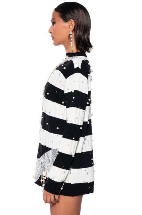 Verla White and Black Striped Dolman Sleeve Sweater Top