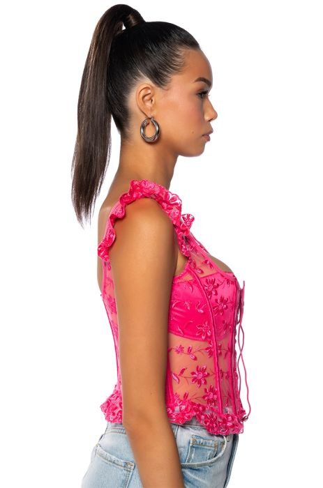 VEN AQUI LACE UP CORSET TOP IN NEON PINK