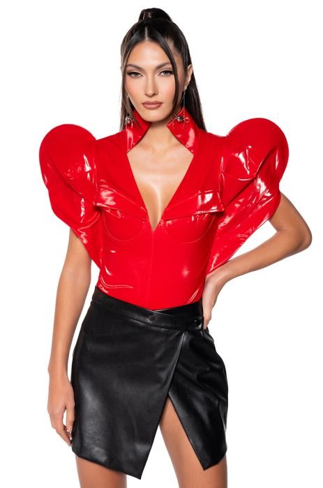 VERONICA DRAMATIC SHOULDER COLLARED BODYSUIT IN RED
