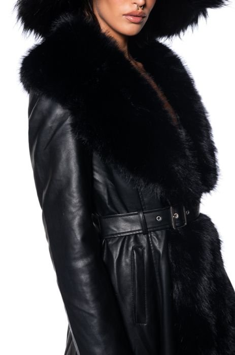 Black Faux Fur Trim Leather Look Long Coat – AX Paris