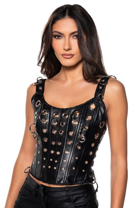 YOUNG AND RECKLESS FAUX LEATHER CORSET TOP IN BLACK PU