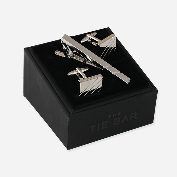 Diagonal Lines Silver Cufflink And Tie Bar Set, Gifts For Men
