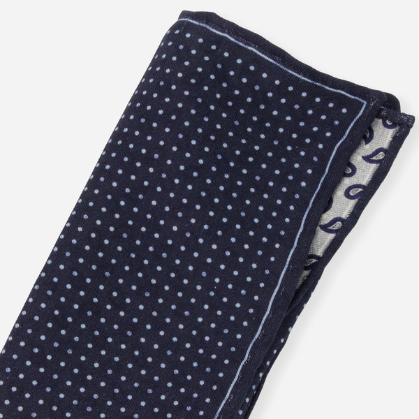 Double Sided Wool Silk Scarf in Navy, Grey, Blue Paisley & Diamond Pattern