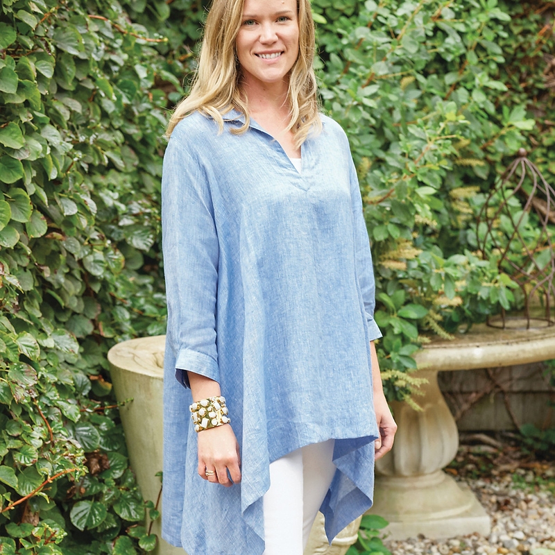 NWT SOFT SURROUNDINGS Breezy Nights Tunic Top Linen Cotton China Blue PL