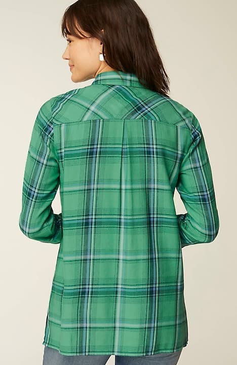 Flannel Button-Up Shirt for Tall Women in Red and Green Tartan