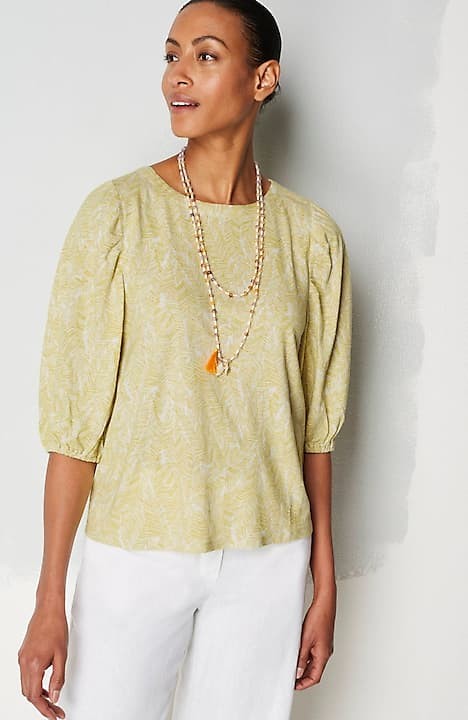 J. Jill XL puff sleeve Top shirt citron green palm texture linen blend