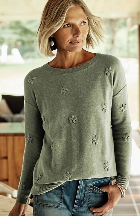 Jjill J.jill Hand-embroidered Blouson-sleeve Sweater In Stone Heather