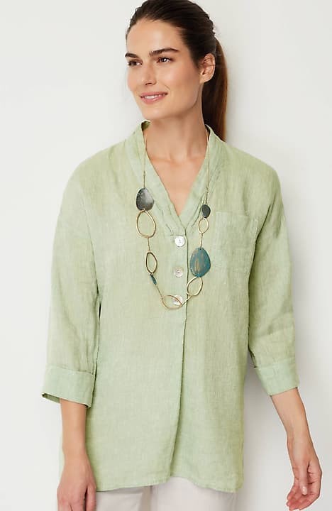 J.Jill Henley Blouse Quarter Button Down Ruched Waist Collared Green 4X -  Tops & blouses