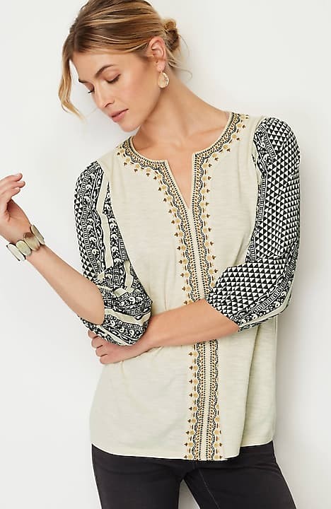 Pure Jill Mixed-Media Embroidered Top