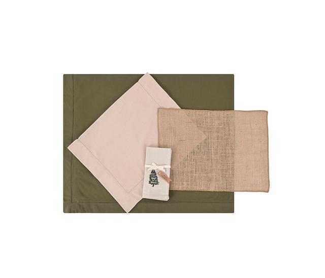 Mantel de mesa rectangular 250 x 155 Yule - Verde olivo + 4 manteles individuales 50 x 35 cm Edurne - Natural + Camino de mesa 150 x 60 cm Edurne - Natural