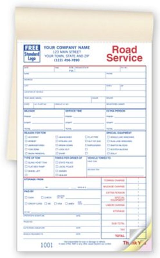 Receipts Towing  Invoices Custom Printed 2 part NCR Road Service Form 