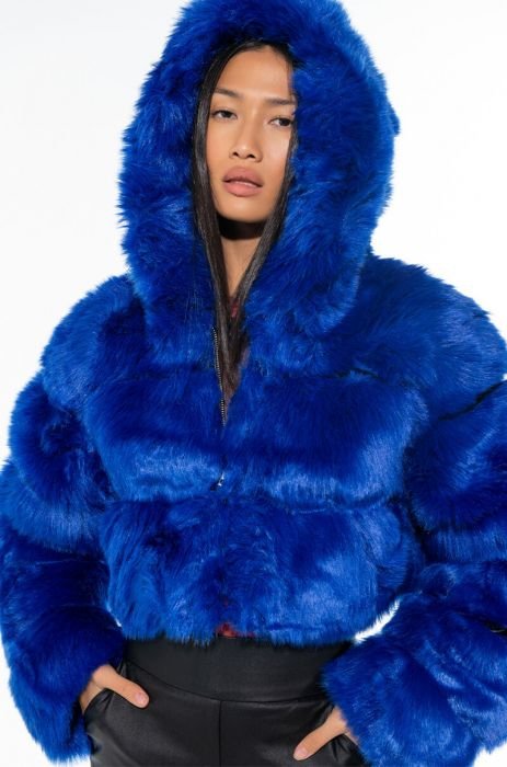 Azalea Gracelle Faux Fur Cropped, Royal Blue Faux Fur Coats Plus Size Uk