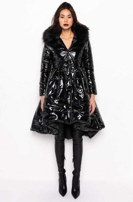 AKIRA Azalea Wang Womens Glossy Quilted Puffer Jacket with Hood 