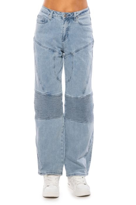 FIRST IMPRESSIONS STRAIGHT LEG MOTO JEANS IN LIGHT BLUE