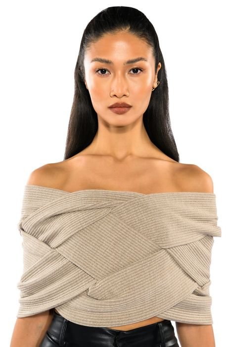 KNOT YOUR AVERAGE GAL STRAPLESS KNIT TOP in taupe