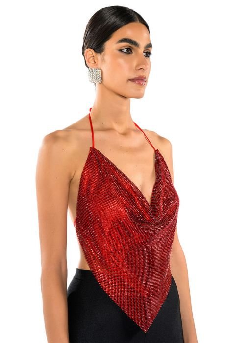 MIAMI ON THE LINE RHINESTONE CHAINMAIL TOP in RED
