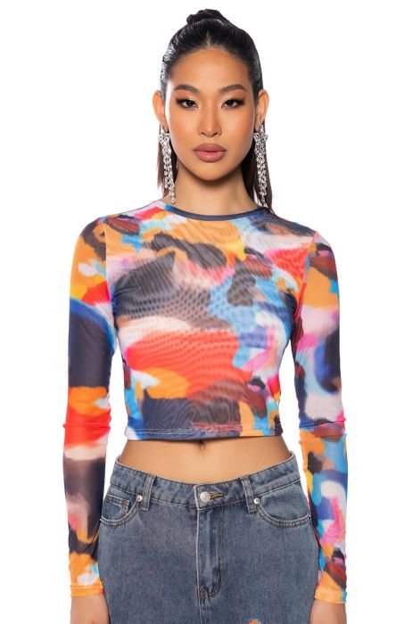 ring Bule Derbeville test PARKER ABSTRACT LONG SLEEVE MESH PRINT TOP in MULTI