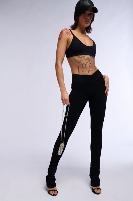 PAXTON RIBBED CROSS FRONT FLARED LEGGING IN BLACK
