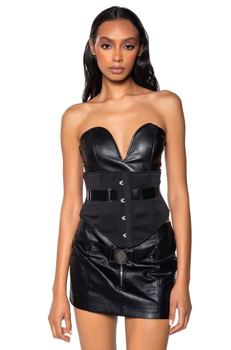 SNATCH ME UP FAUX LEATHER BELTED CORSET TOP