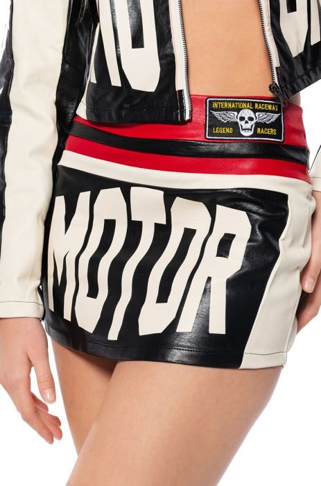 SPEED UP MOTOR FAUX LEATHER COLORBLOCK MINI SKIRT in red multi