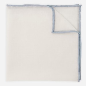 White Linen With Rolled Border Dusty Blue Pocket Square
