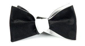 Solid Satin Black On White Bow Tie