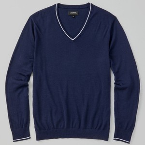 Perfect Tipped Merino Wool V-Neck Navy Sweater