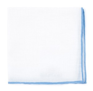 White Linen With Rolled Border Sky Blue Pocket Square