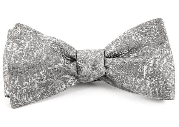 Mens Silver Gray On Black Paisley Woven Pattern Self Tie Freestyle Bow Tie