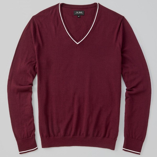 Perfect Tipped Merino Wool V-Neck Burgundy Sweater
