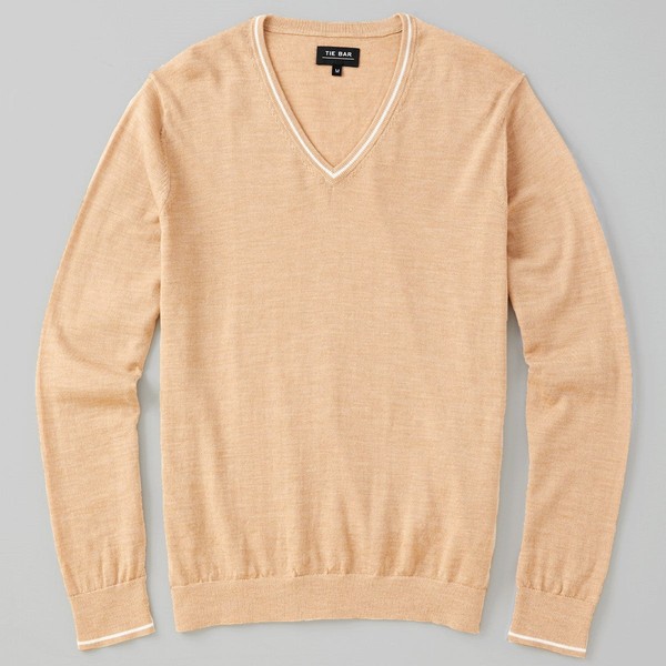Perfect Tipped Merino Wool V-Neck Camel Sweater