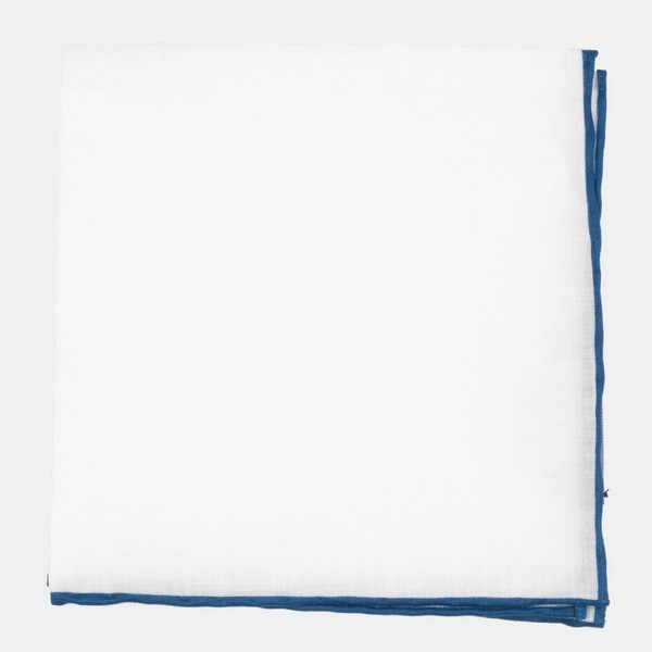 White Linen With Rolled Border Slate Blue Pocket Square