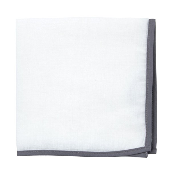 White Linen With Border Charcoal Pocket Square