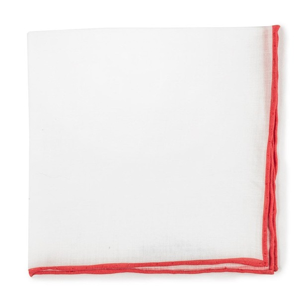 White Linen With Rolled Border Persimmon Red Pocket Square