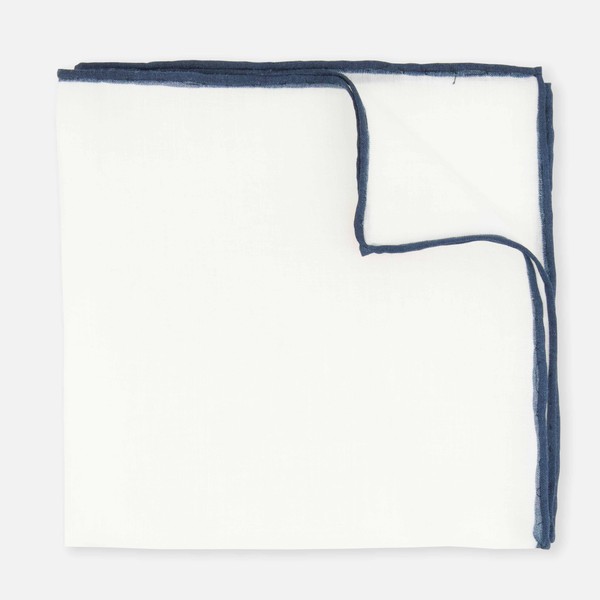 White Linen With Rolled Border Navy Pocket Square