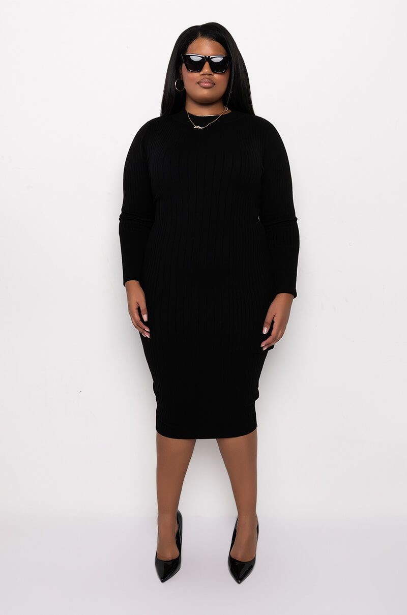Plus Size Long Sleeve Mock Neck Open Back Midi Dress Black 1X, 2X, 3X 