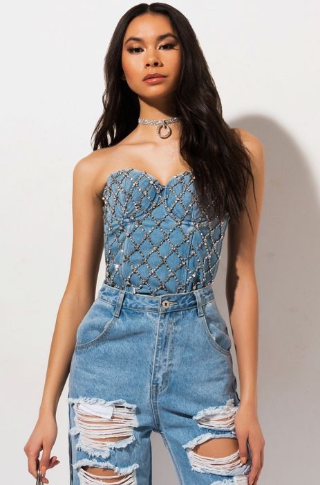 Denim Bustier Top With Crystals Party Jeans Top Corset Rhinestones 