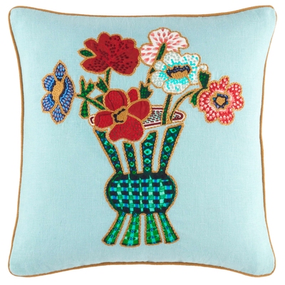 Blooming Bouquet Embroidered Dusty Aqua Decorative Pillow