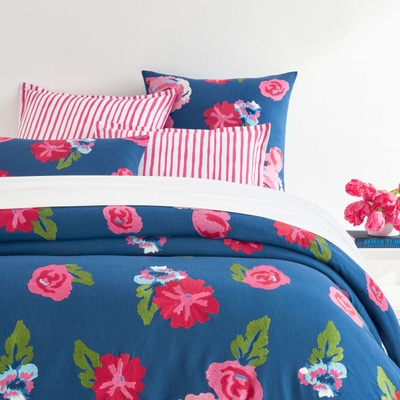 Peonies Embroidered Navy Duvet Cover