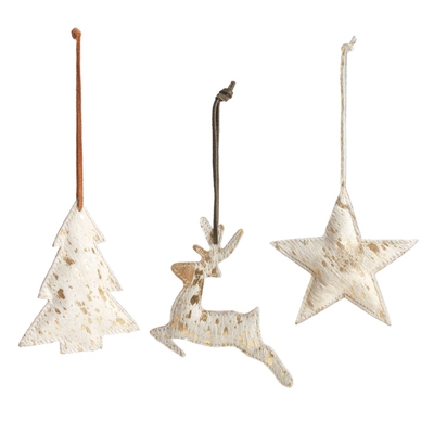 Recycled Cowhide & Leather Gold Ornaments/Set Of 3